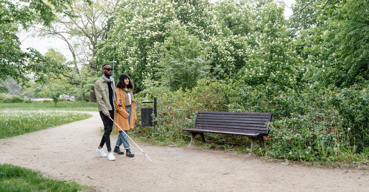 A couple walking in a park, one person using a white cane for guidance.